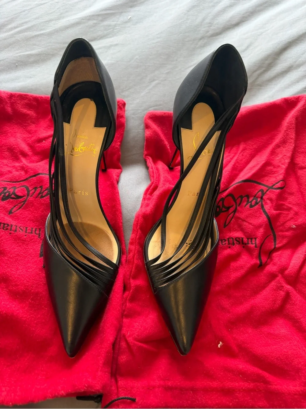Christian Louboutin Black Pointed Leather Multi-Strap Pumps